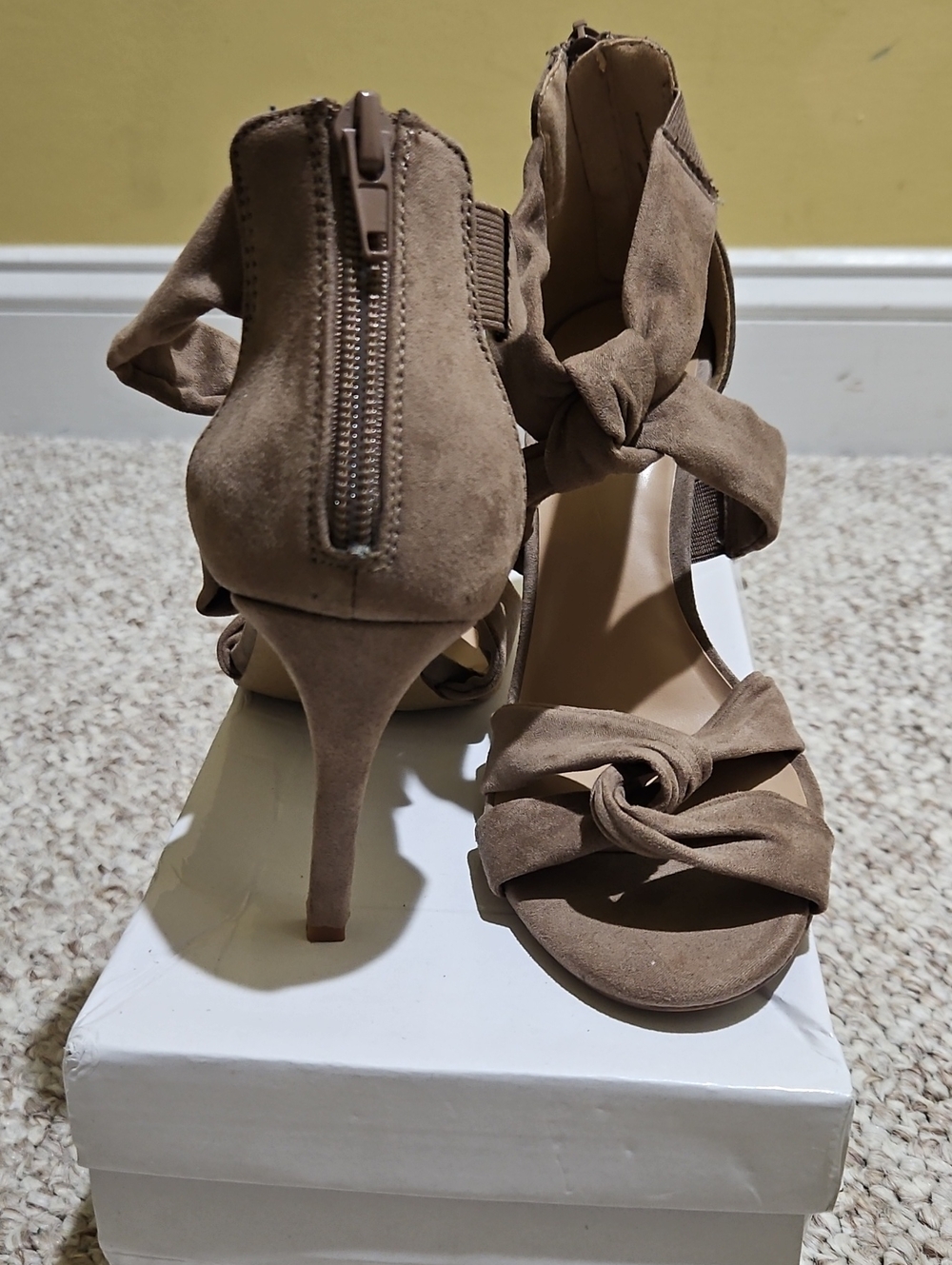 New York & Company Taupe Knot Front Suede Heeled Sandals